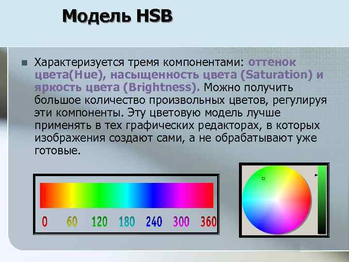 Модель HSB n Характеризуется тремя компонентами: оттенок цвета(Hue), насыщенность цвета (Saturation) и яркость цвета