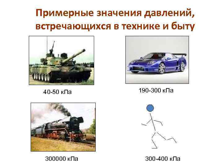 Примерные значения давлений, встречающихся в технике и быту 40 -50 к. Па 300000 к.