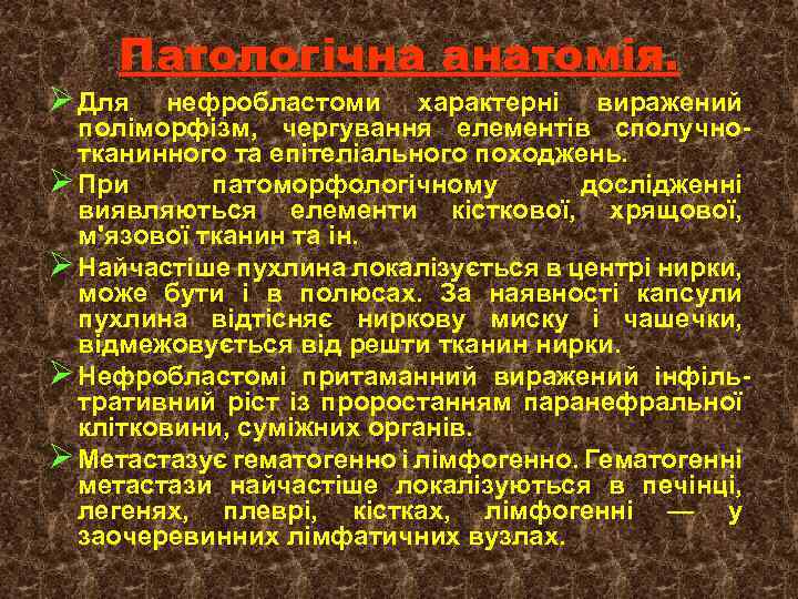 Патологічна анатомія. Ø Для нефробластоми характерні виражений поліморфізм, чергування елементів сполучно тканинного та епітеліального