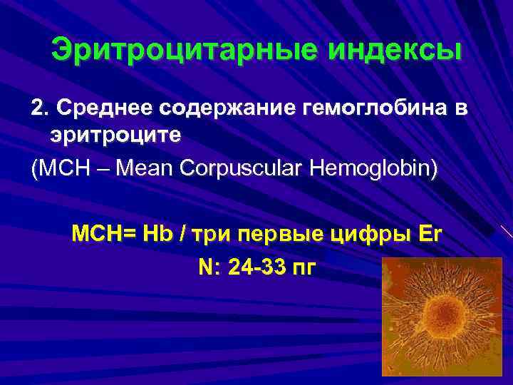 Эритроцитарные индексы 2. Среднее содержание гемоглобина в эритроците (МСН – Mean Corpuscular Hemoglobin) МСН=