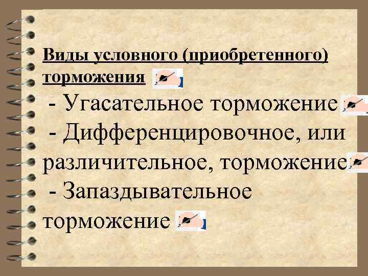 Виды условного (приобретенного) торможения - Угасательное торможение - Дифференцировочное, или различительное, торможение - Запаздывательное