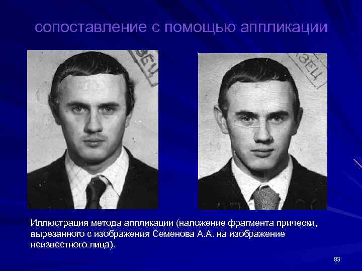 сопоставление с помощью аппликации Иллюстрация метода аппликации (наложение фрагмента прически, вырезанного с изображения Семенова