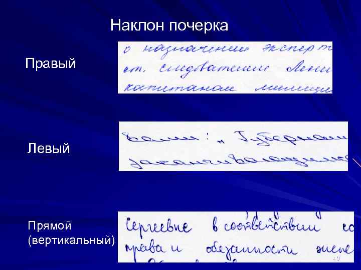 Наклон почерка Правый Левый Прямой (вертикальный) 49 