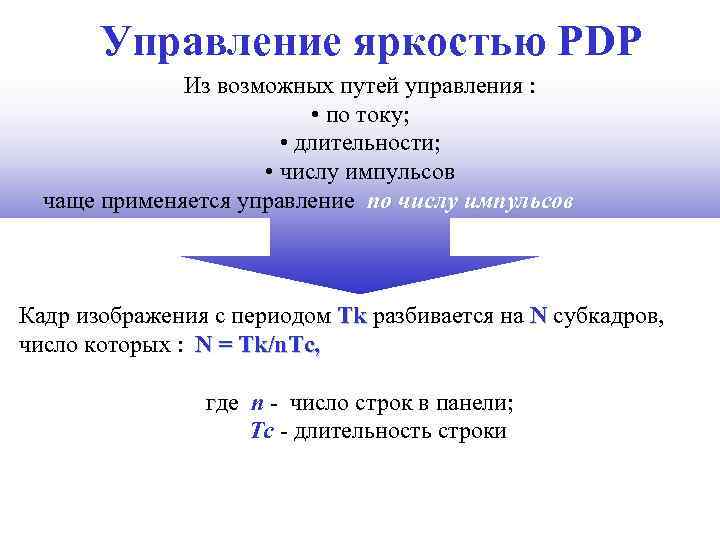 Управление яркостью PDP Из возможных путей управления : • по току; • длительности; •