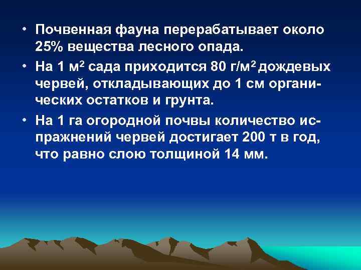  • Почвенная фауна перерабатывает около 25% вещества лесного опада. • На 1 м
