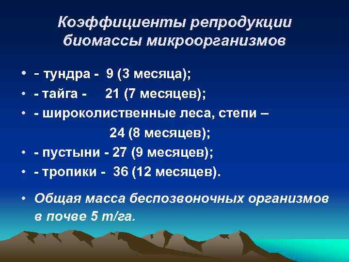 Коэффициенты репродукции биомассы микроорганизмов • - тундра - 9 (3 месяца); • - тайга
