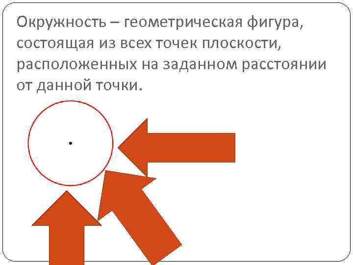 Окружность – геометрическая фигура, состоящая из всех точек плоскости, расположенных на заданном расстоянии от