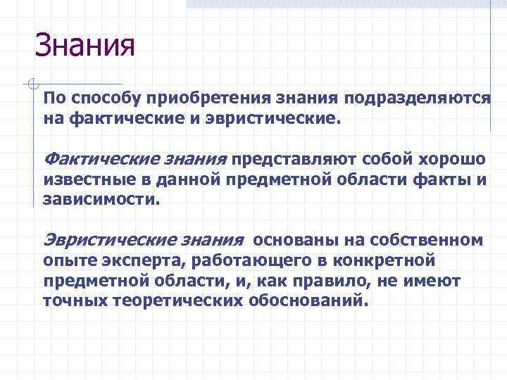 Знания По способу приобретения знания подразделяются на фактические и эвристические. Фактические знания представляют собой
