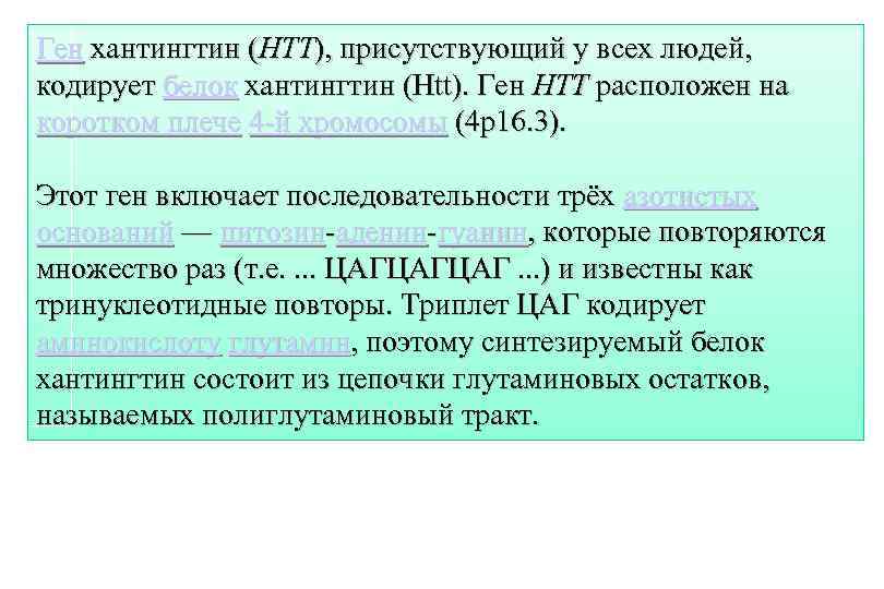 Ген хантингтин (HTT), присутствующий у всех людей, кодирует белок хантингтин (Htt). Ген HTT расположен