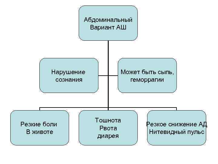 Абдоминальный Вариант АШ Нарушение сознания Резкие боли В животе Может быть сыпь, геморрагии Тошнота