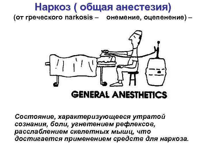 Наркоз ( общая анестезия) (от греческого narkosis – онемение, оцепенение) – Состояние, характеризующееся утратой