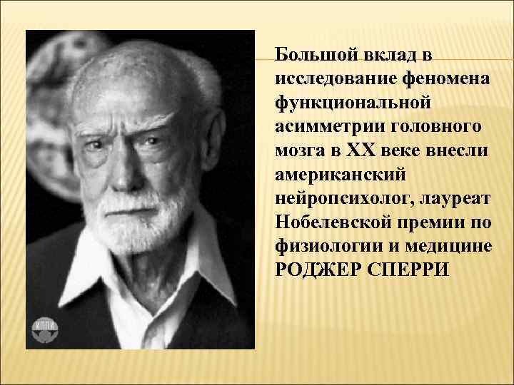 Большой вклад в исследование феномена функциональной асимметрии головного мозга в ХХ веке внесли американский