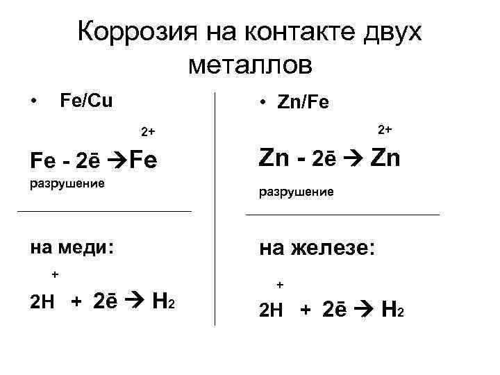 Коррозия на контакте двух металлов • Fe/Cu • Zn/Fe 2+ 2+ Fe - 2ē