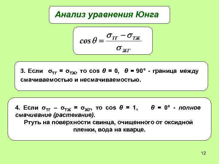 Анализ уравнения Юнга 3. Если σТГ = σТЖ, то cos θ = 0, θ