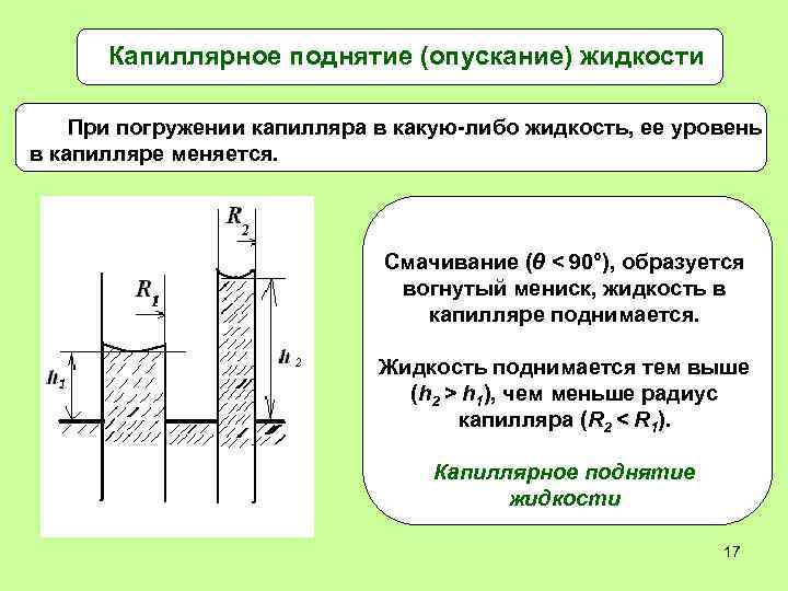Капиллярное поднятие (опускание) жидкости При погружении капилляра в какую-либо жидкость, ее уровень в капилляре