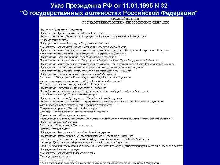 Указ Президента РФ от 11. 01. 1995 N 32 "О государственных должностях Российской Федерации"