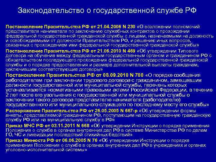 Законодательство о государственной службе РФ Постановление Правительства РФ от 21. 04. 2006 N 230