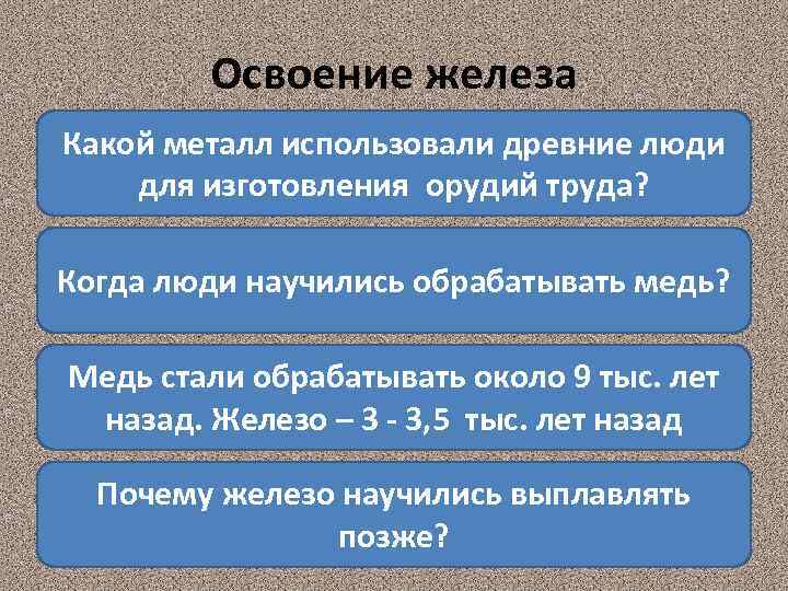 Освоение железа Какой металл использовали древние люди для изготовления орудий труда? Когда люди научились