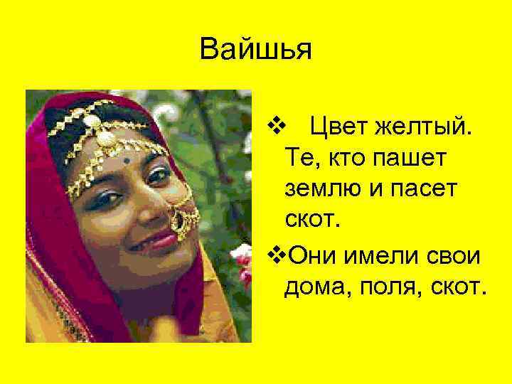 Вайшья v Цвет желтый. Те, кто пашет землю и пасет скот. v. Они имели