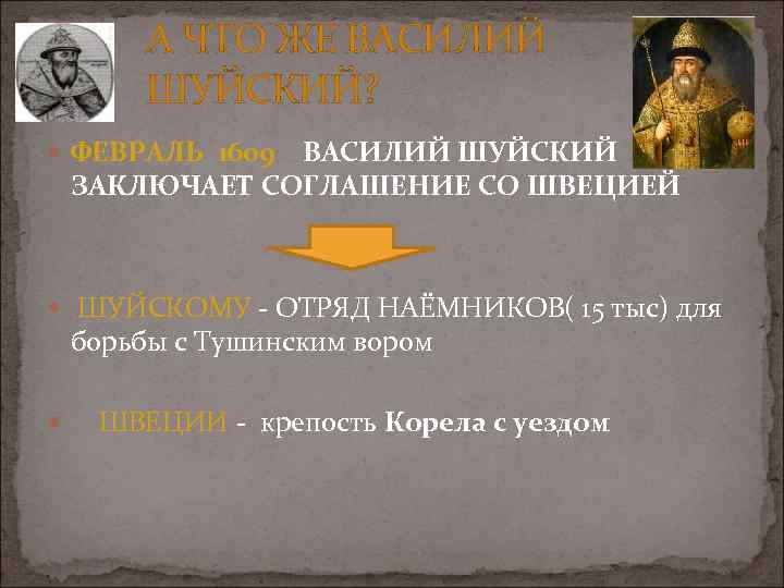 А ЧТО ЖЕ ВАСИЛИЙ ШУЙСКИЙ? ФЕВРАЛЬ 1609 ВАСИЛИЙ ШУЙСКИЙ ЗАКЛЮЧАЕТ СОГЛАШЕНИЕ СО ШВЕЦИЕЙ ШУЙСКОМУ