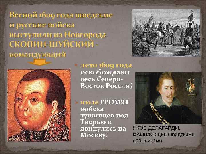 Весной 1609 года шведские и русские войска выступили из Новгорода СКОПИН ШУЙСКИЙ командующий лето