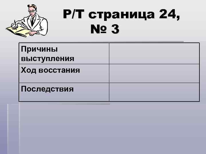 Р/Т страница 24, № 3 Причины выступления Ход восстания Последствия 
