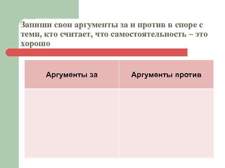 Запиши свои аргументы за и против в споре с теми, кто считает, что самостоятельность