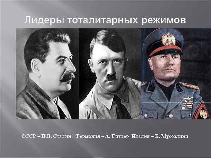 СССР – И. В. Сталин Германия – А. Гитлер Италия – Б. Муссолини 