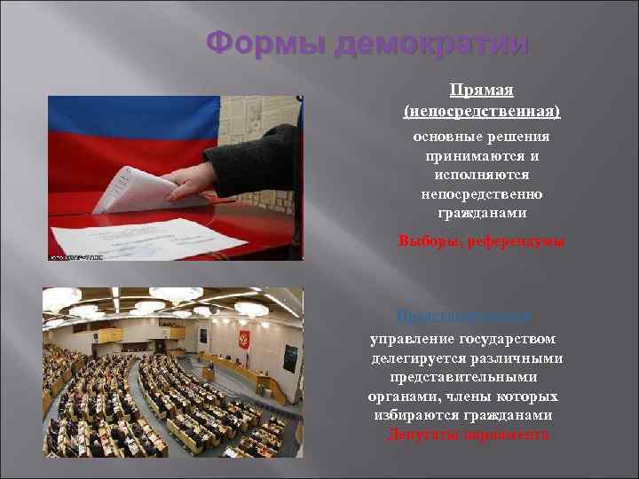 Формы демократии Прямая (непосредственная) основные решения принимаются и исполняются непосредственно гражданами Выборы, референдумы Представительная