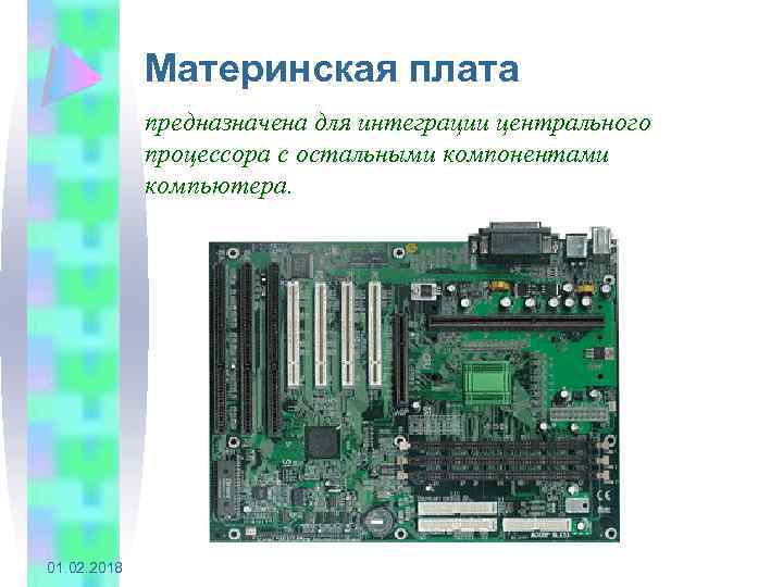 Материнская плата предназначена для интеграции центрального процессора с остальными компонентами компьютера. 01. 02. 2018