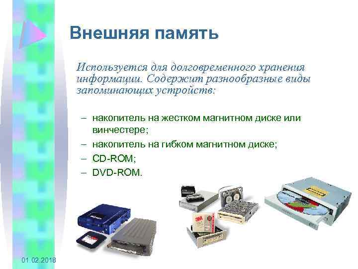 Внешняя память Используется для долговременного хранения информации. Содержит разнообразные виды запоминающих устройств: – накопитель
