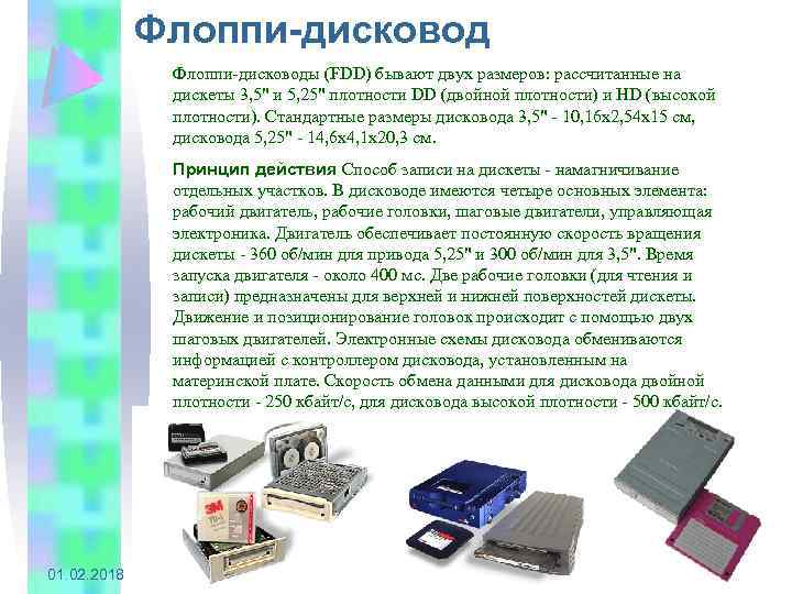 Флоппи-дисководы (FDD) бывают двух размеров: рассчитанные на дискеты 3, 5