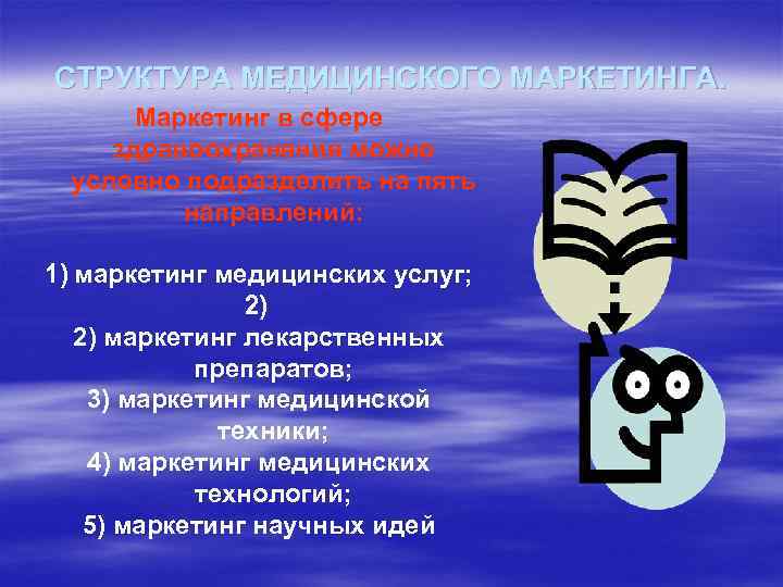 СТРУКТУРА МЕДИЦИНСКОГО МАРКЕТИНГА. Маркетинг в сфере здравоохранения можно условно подразделить на пять направлений: 1)