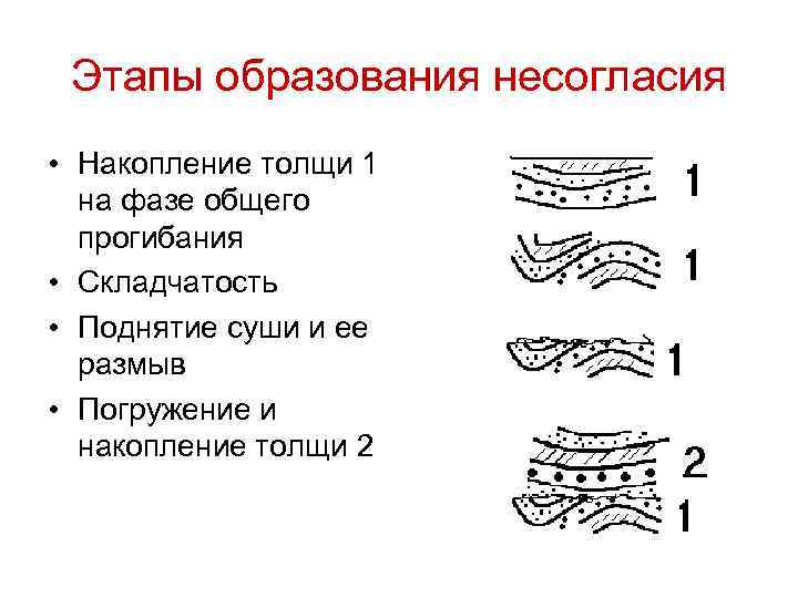 Этапы образования несогласия • Накопление толщи 1 на фазе общего прогибания • Складчатость •