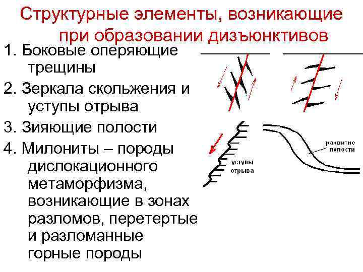 Структурные элементы, возникающие при образовании дизъюнктивов 1. Боковые оперяющие трещины 2. Зеркала скольжения и