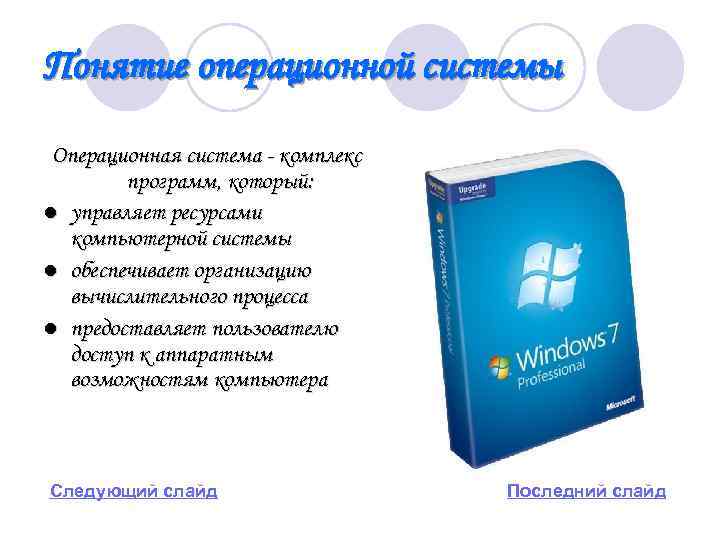 Понятие операционной системы Операционная система - комплекс программ, который: l управляет ресурсами компьютерной системы