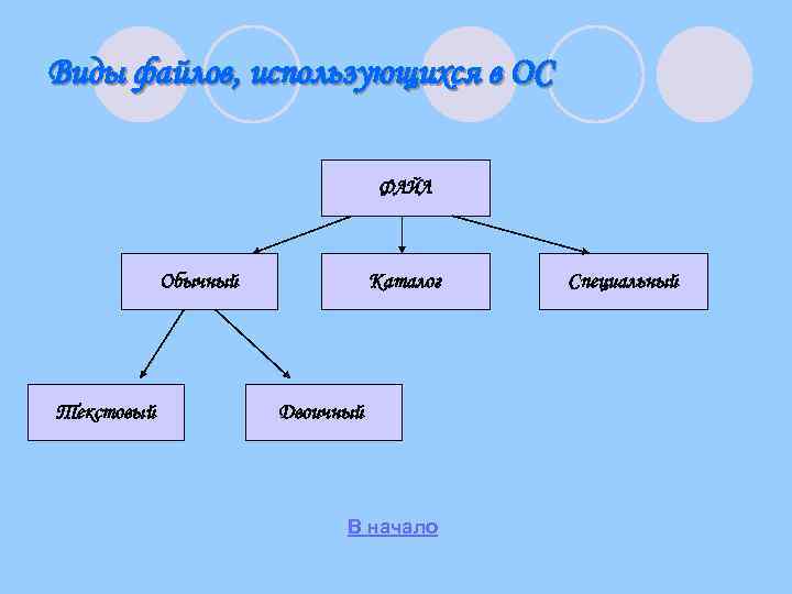 Виды файлов, использующихся в ОС ФАЙЛ Обычный Текстовый Каталог Двоичный В начало Специальный 