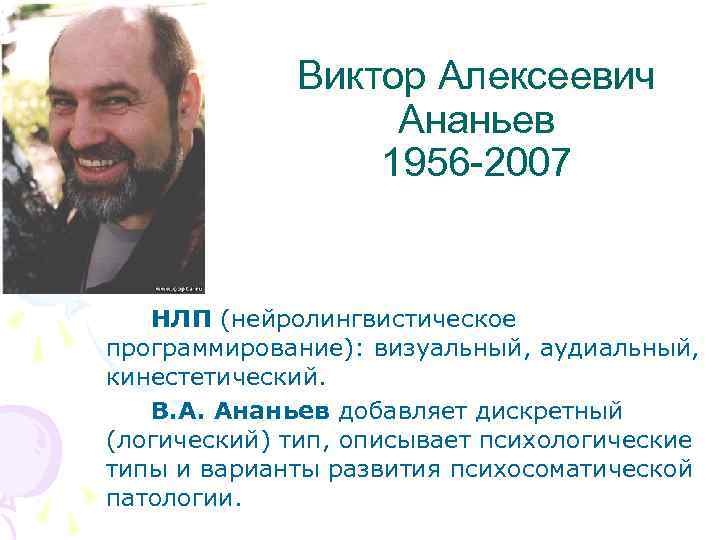 Виктор Алексеевич Ананьев 1956 -2007 НЛП (нейролингвистическое программирование): визуальный, аудиальный, кинестетический. В. А. Ананьев