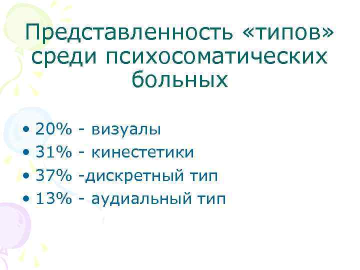 Представленность «типов» среди психосоматических больных • 20% - визуалы • 31% - кинестетики •
