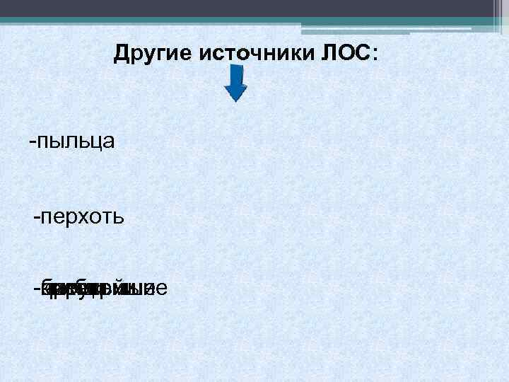 Другие источники ЛОС: -пыльца -перхоть -простейшие -грибы -бактерии -вирусы -клещи -насекомые 