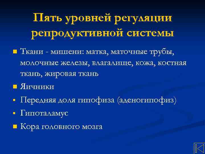 Пять уровней регуляции репродуктивной системы Ткани - мишени: матка, маточные трубы, молочные железы, влагалище,