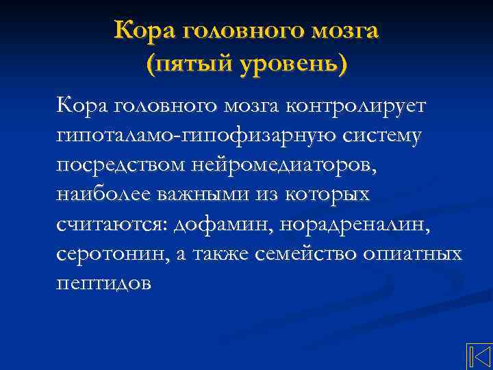 Кора головного мозга (пятый уровень) Кора головного мозга контролирует гипоталамо-гипофизарную систему посредством нейромедиаторов, наиболее