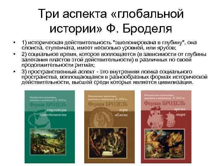 Три аспекта «глобальной истории» Ф. Броделя • • • 1) историческая действительность 