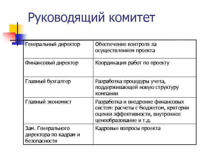 Руководящий комитет Генеральный директор Обеспечение контроля за осуществлением проекта Финансовый директор Координация работ по