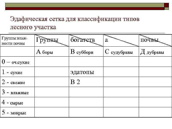 Эдафическая сетка для классификации типов лесного участка Группы влажности почвы Группы богатств а почвы