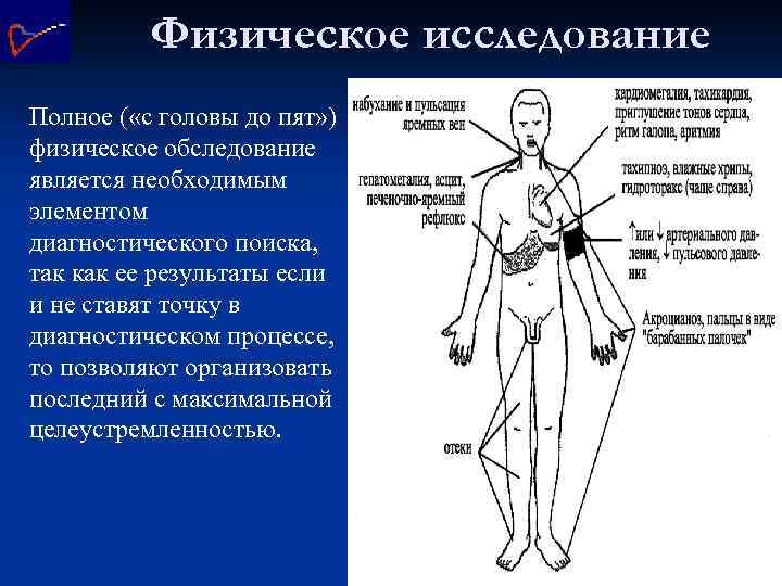Физическое исследование Полное ( «с головы до пят» ) физическое обследование является необходимым элементом