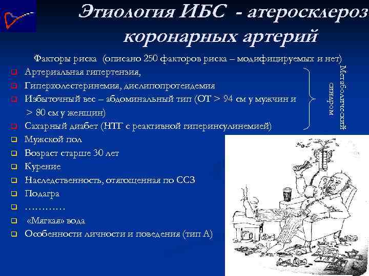 Этиология ИБС - атеросклероз коронарных артерий q q q Метаболический синдром q Факторы риска