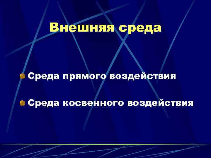 Внешняя среда Среда прямого воздействия Среда косвенного воздействия 
