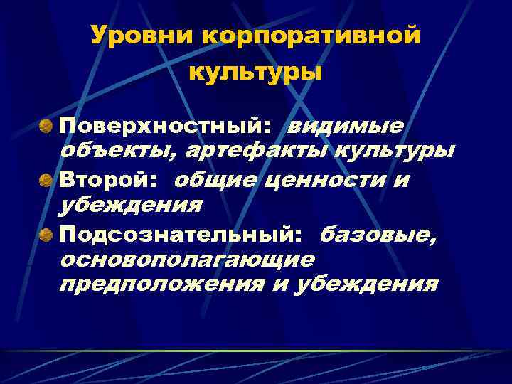 Уровни корпоративной культуры Поверхностный: видимые объекты, артефакты культуры Второй: общие ценности и убеждения Подсознательный: