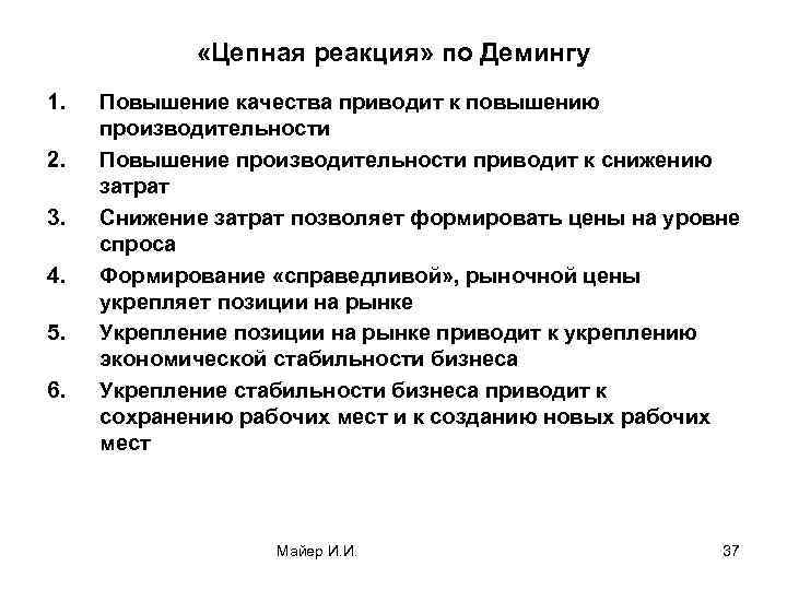  «Цепная реакция» по Демингу 1. 2. 3. 4. 5. 6. Повышение качества приводит